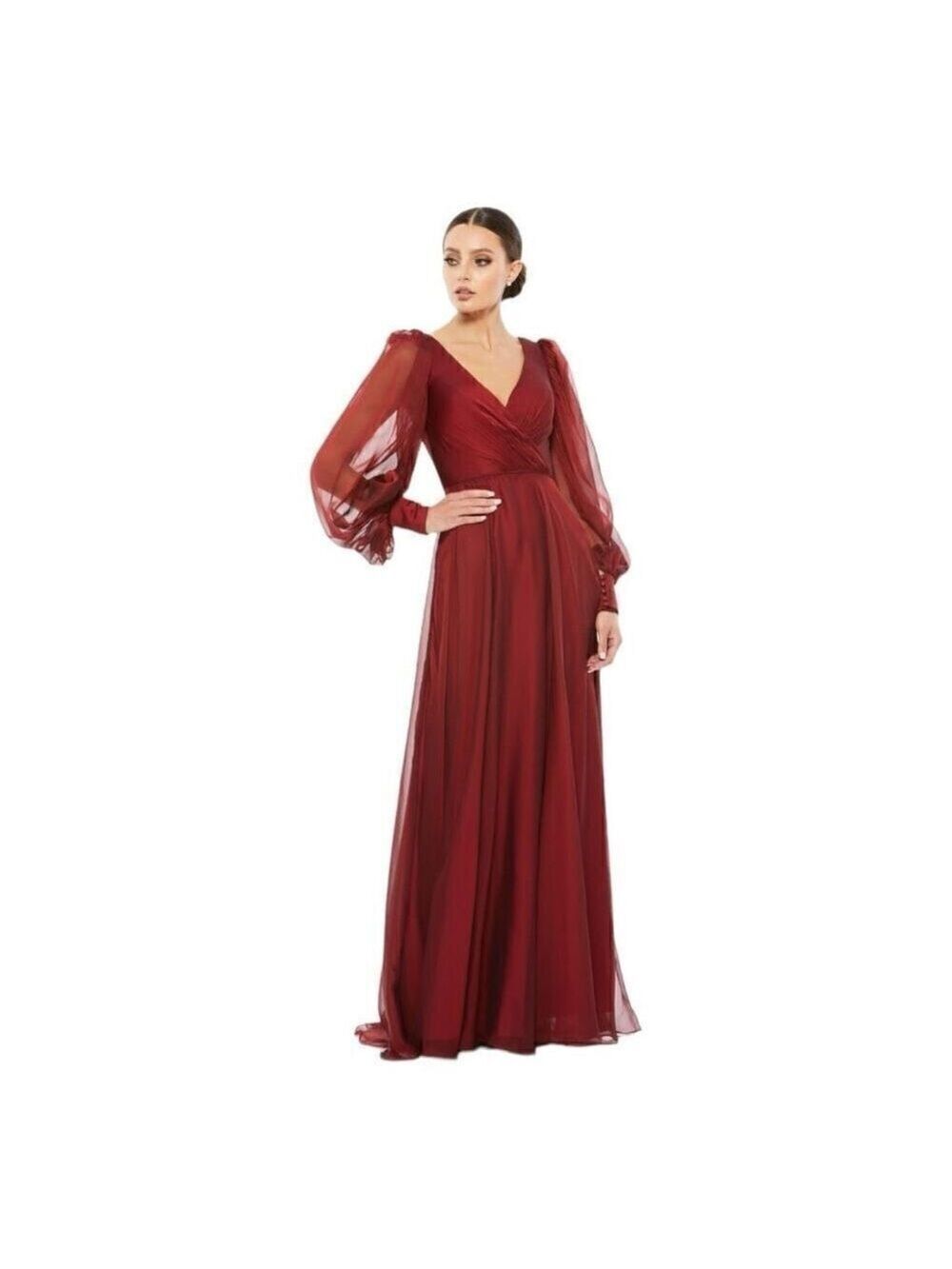 Mac Duggal Long Sleeve Modest Garnet Red Chiffon Evening Gown Size 4 - Picture 1 of 9